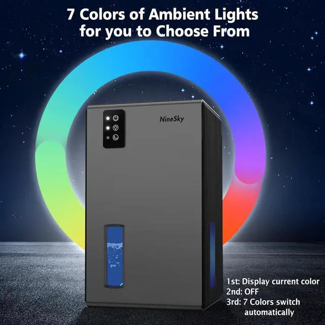 Alt view image 3 of 7 - Dehumidifier for Home, 95 OZ Water Tank, (1000 sq.ft) Dehumidifiers for Bathroom Bedroom Basement with Auto Shut Off,7 Colors LED Light (Black) (Gray)