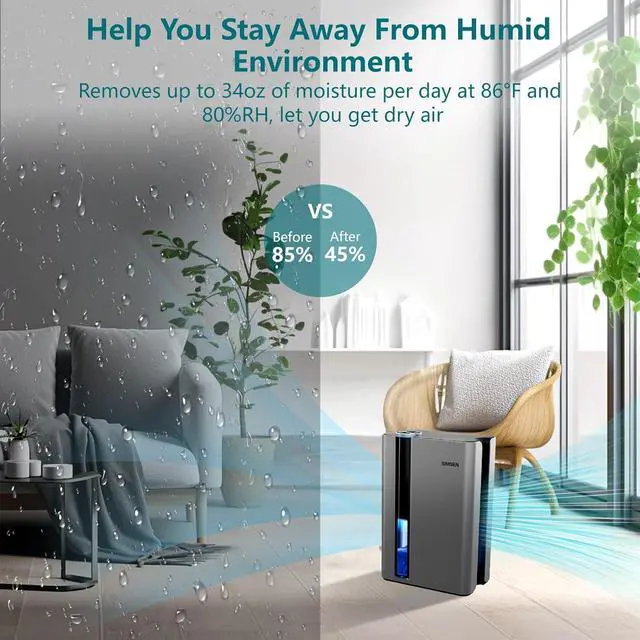 Alt view image 2 of 7 - 95oz Dehumidifiers for Home, 800 sq ft Dehumidifier Reusable Filter, Small Dehumidifier with Drain Hose, Dehumidifiers for Bedroom Bathroom Basements Closet RV