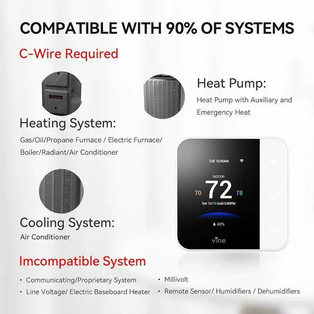 Alt view image 2 of 7 - Thermostat for Home with Touchscreen Color Display, WiFi Smart Thermostat Compatible with Alexa and Google Assistant, 7day/8period Programmable, Energy Saving, C-Wire Required, Screen Size 2.8"