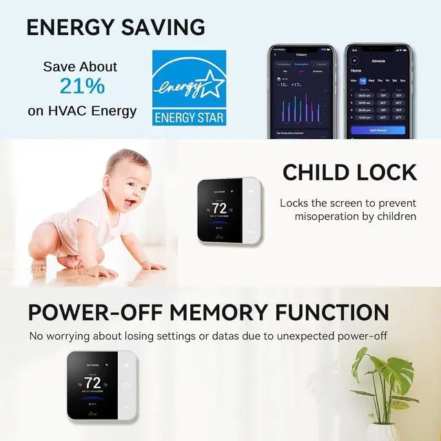 Alt view image 5 of 7 - Thermostat for Home with Touchscreen Color Display, WiFi Smart Thermostat Compatible with Alexa and Google Assistant, 7day/8period Programmable, Energy Saving, C-Wire Required, Screen Size 2.8"