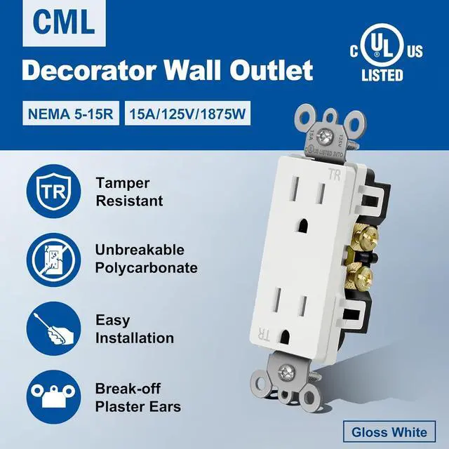 Alt view image 2 of 7 - (100 Pack) CML 15 Amp Decor Wall Receptacle Outlet, Child-Safe Tamper Resistant (TR), 15A/125V, Standard Decorator Electrical Outlet, UL Listed, White