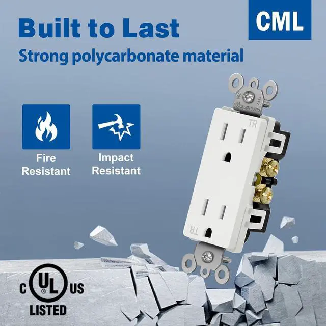 Alt view image 4 of 7 - (100 Pack) CML 15 Amp Decor Wall Receptacle Outlet, Child-Safe Tamper Resistant (TR), 15A/125V, Standard Decorator Electrical Outlet, UL Listed, White