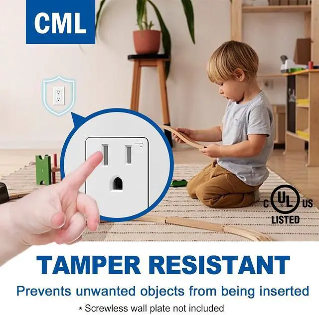 Alt view image 3 of 7 - (100 Pack) CML 15 Amp Decor Wall Receptacle Outlet, Child-Safe Tamper Resistant (TR), 15A/125V, Standard Decorator Electrical Outlet, UL Listed, White