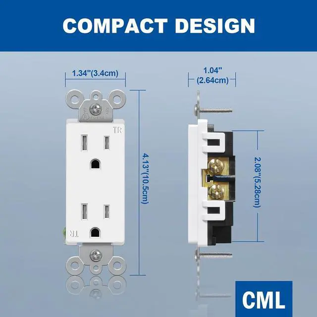 Alt view image 5 of 7 - (100 Pack) CML 15 Amp Decor Wall Receptacle Outlet, Child-Safe Tamper Resistant (TR), 15A/125V, Standard Decorator Electrical Outlet, UL Listed, White