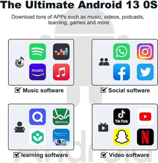 Alt view image 2 of 7 - 144GB MP3 Player with Bluetooth and WiFi, Android 13 OS MP3 & MP4 Players with 4" Touchscreen and Speaker, Spotify Music Players with Pandora, Audible,  Music, Play Store