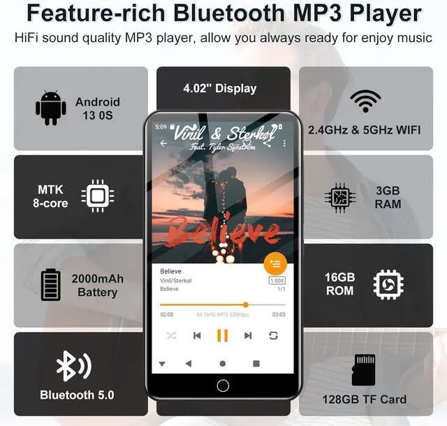 Alt view image 4 of 7 - 144GB MP3 Player with Bluetooth and WiFi, Android 13 OS MP3 & MP4 Players with 4" Touchscreen and Speaker, Spotify Music Players with Pandora, Audible,  Music, Play Store