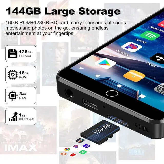Alt view image 6 of 7 - 144GB MP3 Player with Bluetooth and WiFi, Android 13 OS MP3 & MP4 Players with 4" Touchscreen and Speaker, Spotify Music Players with Pandora, Audible,  Music, Play Store