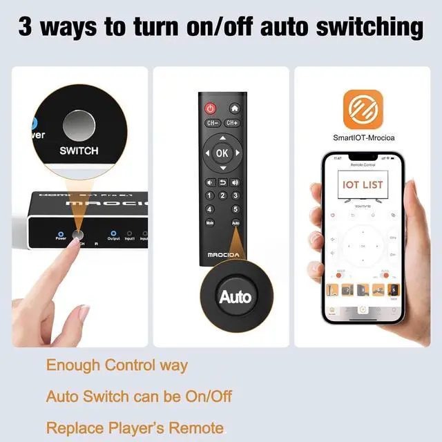 Alt view image 5 of 7 - HDMI Switch 8k 60hz 4K 120hz/HDCP2.3/Multifunctional Remote/iOS App 5 in 1 Out, 2.1 Splitter for Auto Switch on off/eARC/Allm/Vrr/CEC/HDR10+/Dolby Vision. Switcher selector hub Adapter for Multi Port