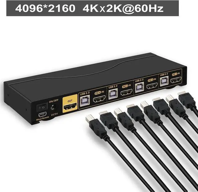Alt view image 2 of 6 - CKL KVM Switch HDMI 4 Port with USB, Audio and 4 KVM Cables, 4 Port HDMI KVM Switch Support 4K@60Hz 4:4:4, EDID Support Wireless Keyboard Mouse