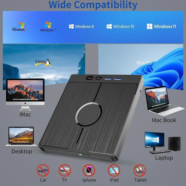 Alt view image 7 of 7 - External Blu Ray Drive 7in1, Portable Blueray/DVD Drive for PC with USB 3.0/Type-C/SD/TF Card Ports, Support 100G Disc USB Blu Ray Drive External, Blu Ray Burner for Windows XP/7/8/10/11 Mac Laptop