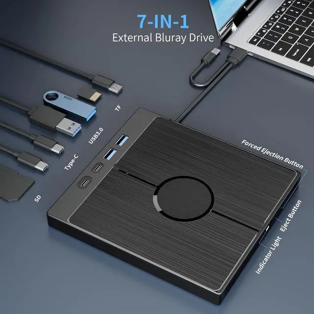 Alt view image 4 of 7 - External Blu Ray Drive 7in1, Portable Blueray/DVD Drive for PC with USB 3.0/Type-C/SD/TF Card Ports, Support 100G Disc USB Blu Ray Drive External, Blu Ray Burner for Windows XP/7/8/10/11 Mac Laptop