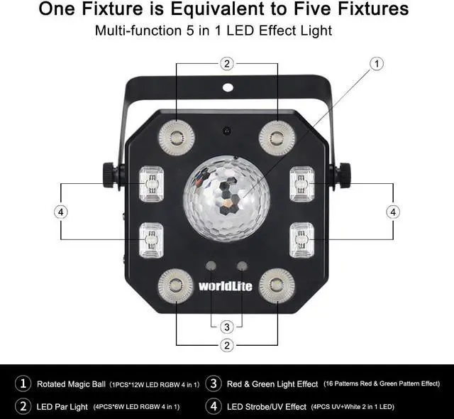 Alt view image 4 of 6 - Stage DJ Lights,  LED Effect Light 5 in 1 with Magic Ball, LED Par Pattern Lights and Strobe/UV, Great for Stage & DJ Lighting, Wedding Church Club Disco Party Lighting