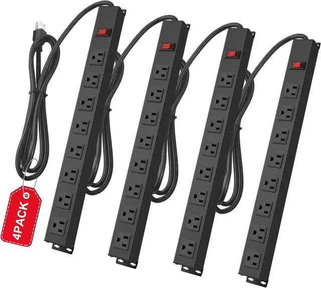 Main image of 4Pack Metal 8 Outlet Mountable Power Strip, Wall Mount Outlet Heavy Duty, Wide Spaced Commercial Shop Power Strip with Switch, 6 FT Power Cord.