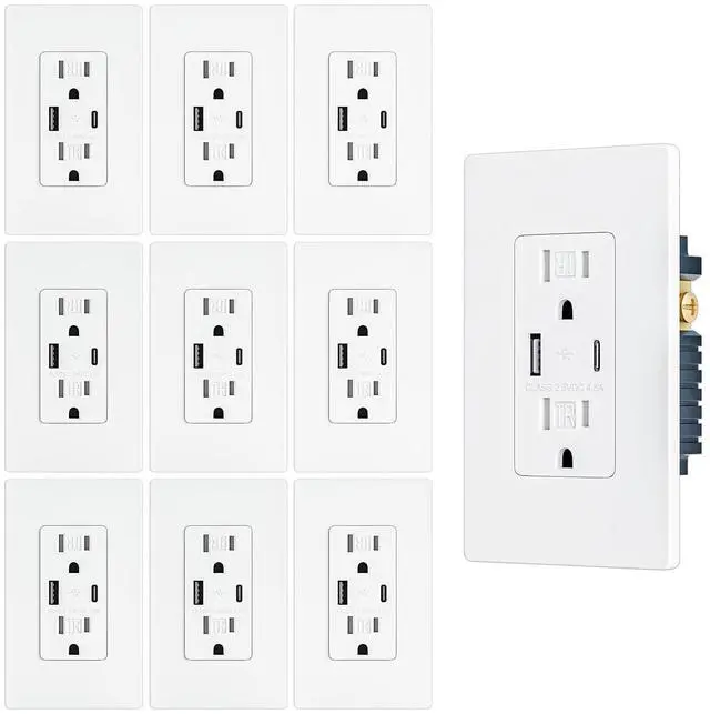 Main image of 10 Pack - BRILLTECH 4.8A/24W USB Outlet, Wall Outlet with Type C & Type A Ports, 15 Amp Receptacle Plug, Tamper-Resistant Receptacle, Screwless Wall Plate Include, UL Listed, White