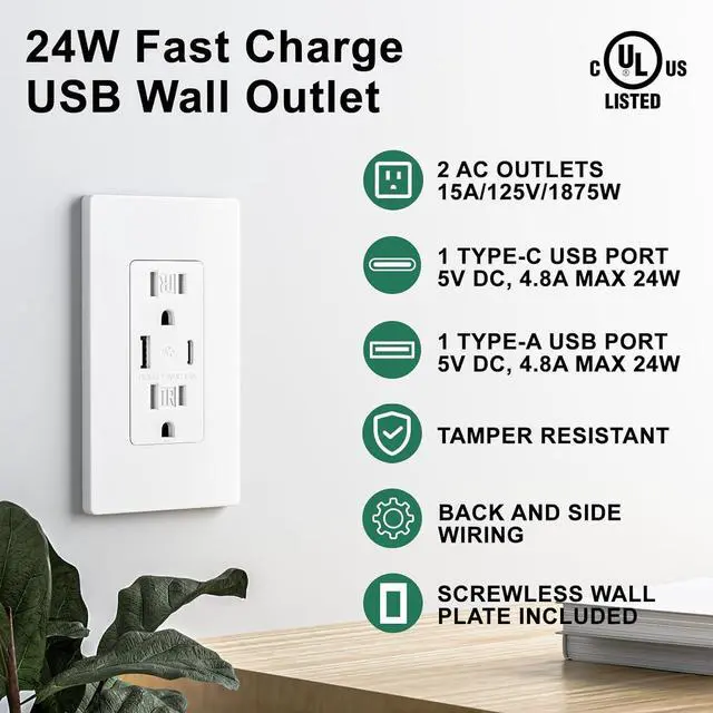 Alt view image 2 of 7 - 10 Pack - BRILLTECH 4.8A/24W USB Outlet, Wall Outlet with Type C & Type A Ports, 15 Amp Receptacle Plug, Tamper-Resistant Receptacle, Screwless Wall Plate Include, UL Listed, White