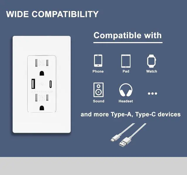 Alt view image 4 of 7 - 10 Pack - BRILLTECH 4.8A/24W USB Outlet, Wall Outlet with Type C & Type A Ports, 15 Amp Receptacle Plug, Tamper-Resistant Receptacle, Screwless Wall Plate Include, UL Listed, White