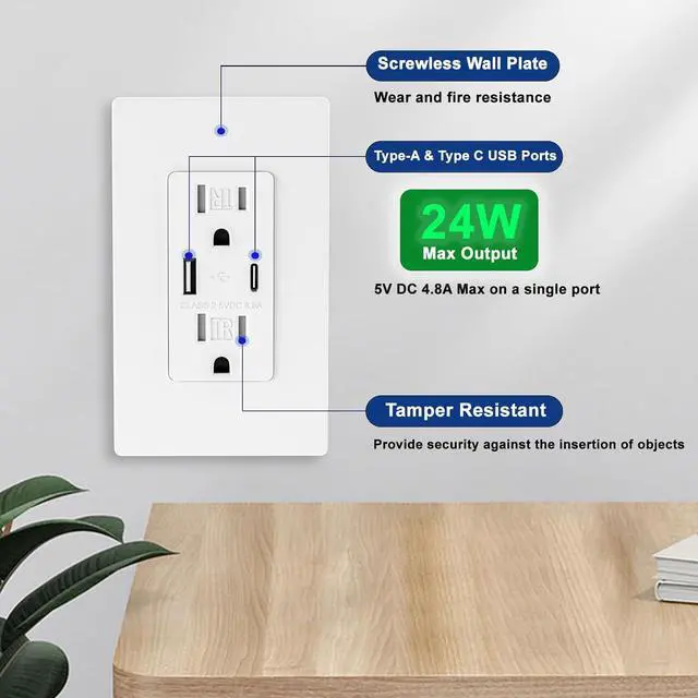 Alt view image 3 of 7 - 10 Pack - BRILLTECH 4.8A/24W USB Outlet, Wall Outlet with Type C & Type A Ports, 15 Amp Receptacle Plug, Tamper-Resistant Receptacle, Screwless Wall Plate Include, UL Listed, White
