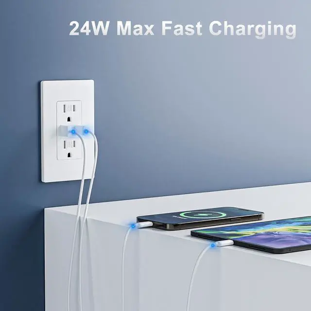 Alt view image 6 of 7 - 10 Pack - BRILLTECH 4.8A/24W USB Outlet, Wall Outlet with Type C & Type A Ports, 15 Amp Receptacle Plug, Tamper-Resistant Receptacle, Screwless Wall Plate Include, UL Listed, White