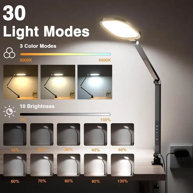 Alt view image 6 of 7 - LED Desk Lamps for Home Office, 1200LM Adjustable Swing Arm Desk Light with Clamp, Memory & Timer, 3000K-6500K Computer Zoom Light for Video Calls, Conference, Streaming, Reading, Task Lighting