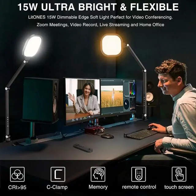 Alt view image 3 of 7 - Video Conference Light for Computer, Dimmable Zoom Lighting for Video Calls, Meeting, Laptop & Webcam, 15W Ring Light with C- Clamp,Swing Arm, Remote, Memory & Timer CRI >95