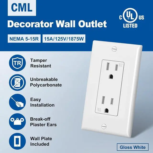 Alt view image 2 of 7 - CML Decorator Wall Recetpacle Outlet, 50 Pack Tamper Resistant 15 Amp Standard Electrical Outlets, 15A/125V, 2 Pole 3 Wire, Wallplate Included, UL Listed, White