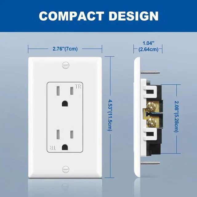 Alt view image 5 of 7 - CML Decorator Wall Recetpacle Outlet, 50 Pack Tamper Resistant 15 Amp Standard Electrical Outlets, 15A/125V, 2 Pole 3 Wire, Wallplate Included, UL Listed, White