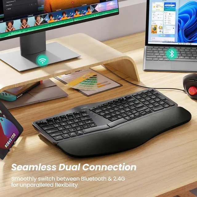 Alt view image 5 of 7 - RT05 Wireless Ergonomic Keyboard, Split Keyboard with Wrist Rest, USB-C Charging, 7-Color Backlight, Natural Typing, Bluetooth and USB Connectivity, Compatible with Windows,Mac