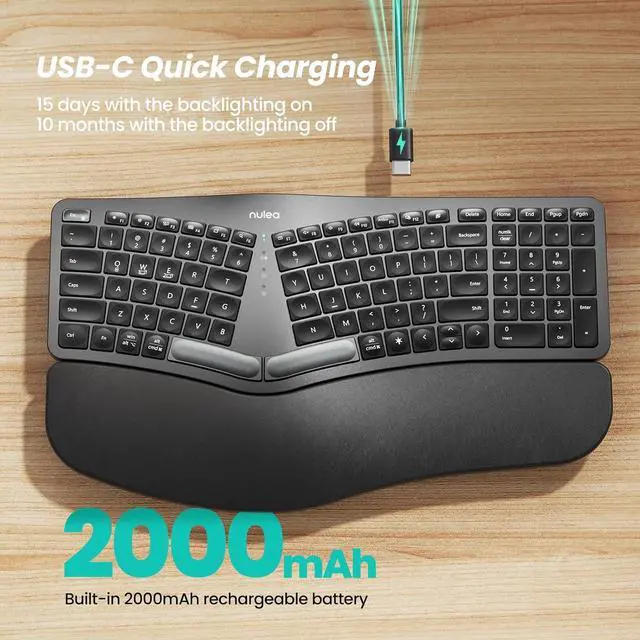 Alt view image 3 of 7 - RT05 Wireless Ergonomic Keyboard, Split Keyboard with Wrist Rest, USB-C Charging, 7-Color Backlight, Natural Typing, Bluetooth and USB Connectivity, Compatible with Windows,Mac