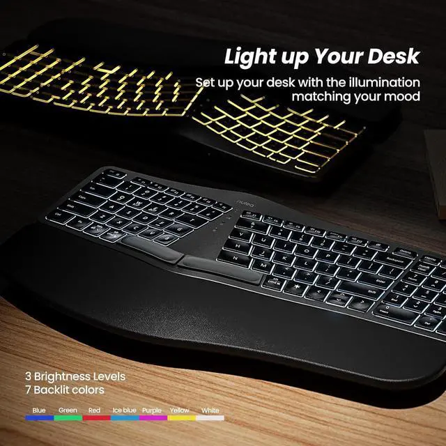 Alt view image 6 of 7 - RT05 Wireless Ergonomic Keyboard, Split Keyboard with Wrist Rest, USB-C Charging, 7-Color Backlight, Natural Typing, Bluetooth and USB Connectivity, Compatible with Windows,Mac