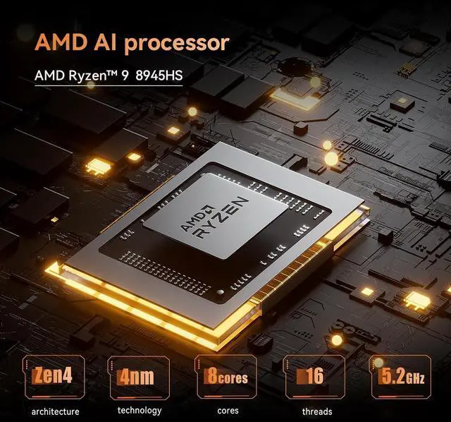 Alt view image 2 of 7 - UM890 Pro Mini PC Ryzen 9 8945HS (up to 5.2GHz) Desktop Computer 64GB RAM DDR5 5600MHz &1TB PCIe 4.0 SSD, Cculink Mini PC Quad Display HDMI/DP1.4/USB-C,  Radeon 780M/Dual LAN 2.5G