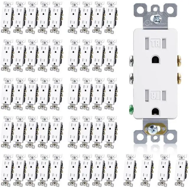 Main image of Decorator Wall Receptacle Outlet, Tamper Resistant 15 Amp Standard Electrical Wall Outlet, Residential Grade, Self-grounding, 125V, 2 Pole 3 Wire, 5-15R, UL Listed, Glossy White, 50 Pack