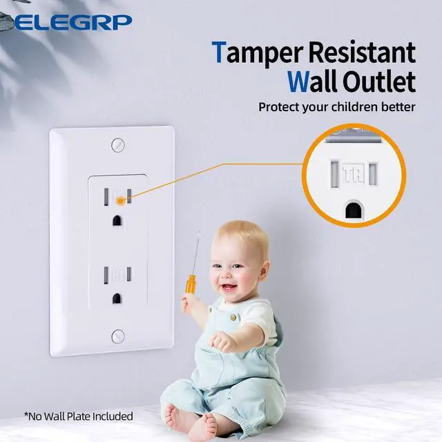 Alt view image 4 of 7 - Decorator Wall Receptacle Outlet, Tamper Resistant 15 Amp Standard Electrical Wall Outlet, Residential Grade, Self-grounding, 125V, 2 Pole 3 Wire, 5-15R, UL Listed, Glossy White, 50 Pack