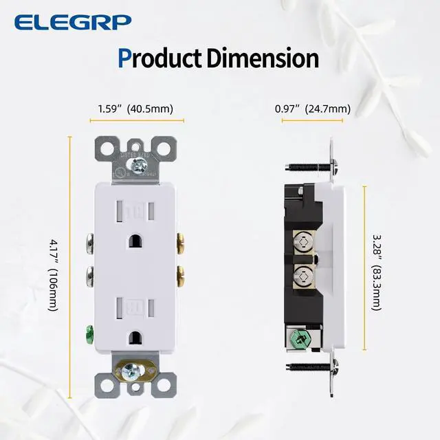 Alt view image 6 of 7 - Decorator Wall Receptacle Outlet, Tamper Resistant 15 Amp Standard Electrical Wall Outlet, Residential Grade, Self-grounding, 125V, 2 Pole 3 Wire, 5-15R, UL Listed, Glossy White, 50 Pack