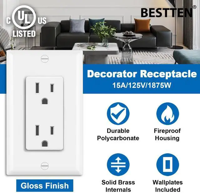 Alt view image 2 of 7 - BESTTEN Decorator Receptacle Outlet, 15 Amp Electrical Wall Outlet, Non-Tamper Resistant, Decor Wallplate Included, 15A/125V/1875W, UL Listed, 50 Pack, White
