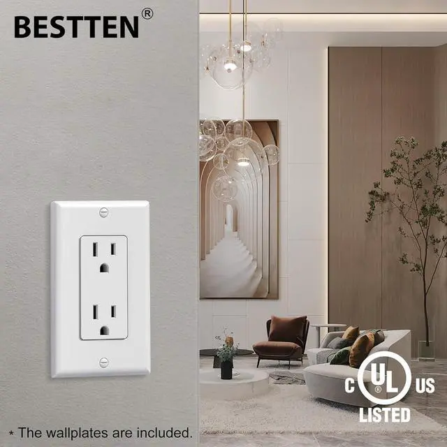 Alt view image 4 of 7 - BESTTEN Decorator Receptacle Outlet, 15 Amp Electrical Wall Outlet, Non-Tamper Resistant, Decor Wallplate Included, 15A/125V/1875W, UL Listed, 50 Pack, White