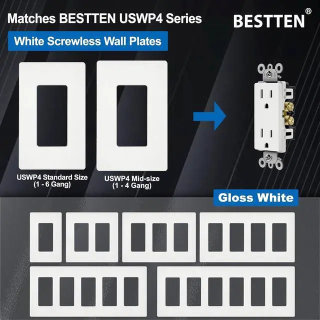 Alt view image 5 of 7 - BESTTEN Decorator Receptacle Outlet, 15 Amp Electrical Wall Outlet, Non-Tamper Resistant, Decor Wallplate Included, 15A/125V/1875W, UL Listed, 50 Pack, White