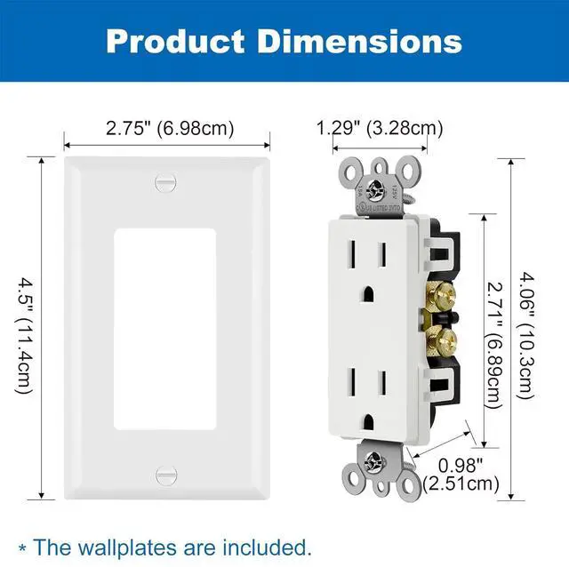 Alt view image 6 of 7 - BESTTEN Decorator Receptacle Outlet, 15 Amp Electrical Wall Outlet, Non-Tamper Resistant, Decor Wallplate Included, 15A/125V/1875W, UL Listed, 50 Pack, White