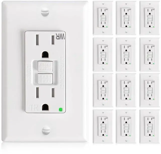Main image of 12 Pack GFCI Outlet 15 Amp with Thinner Design, Weather Resistant (WR), Self-Test GFI Receptacles with LED Indicator, Wall Plates and Screws Included, Indoor or Outdoor, ETL Listed, White