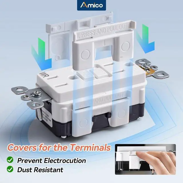 Alt view image 4 of 7 - 12 Pack GFCI Outlet 15 Amp with Thinner Design, Weather Resistant (WR), Self-Test GFI Receptacles with LED Indicator, Wall Plates and Screws Included, Indoor or Outdoor, ETL Listed, White