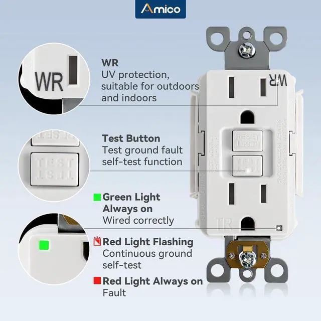 Alt view image 5 of 7 - 12 Pack GFCI Outlet 15 Amp with Thinner Design, Weather Resistant (WR), Self-Test GFI Receptacles with LED Indicator, Wall Plates and Screws Included, Indoor or Outdoor, ETL Listed, White