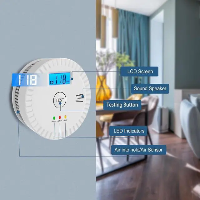 Alt view image 3 of 6 - 5 Pack Smoke Detector Carbon Monoxide Detector Combo Battery Powered,Carbon Monoxide Detector Smoke Alarm with Test Button,Smoke and Carbon Monoxide Detector with Digital Display