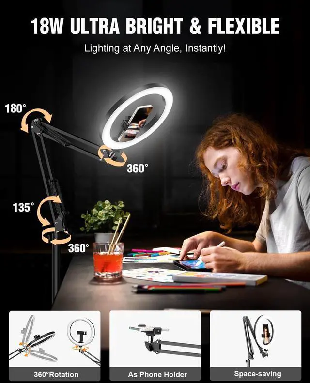 Alt view image 2 of 6 - Upgrade 18W Ring Light with Stand Tripod for iPhone, 10 Ultra Bright Overhead Phone Camera Mount Circle Light with Remote Control for Video Recording,Content Creation,Streaming,TikTok,YouTube