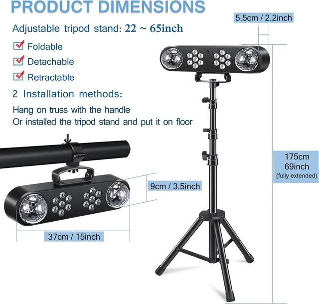 Alt view image 4 of 7 - DJ Lights with Stand, Rotating Disco Ball PartyBar Light Set, LED DJ Lights Remote & Sound Activated, Mobile Stage Lighting Package, for Parties Gig Bar Move Band Wedding Halloween Christmas