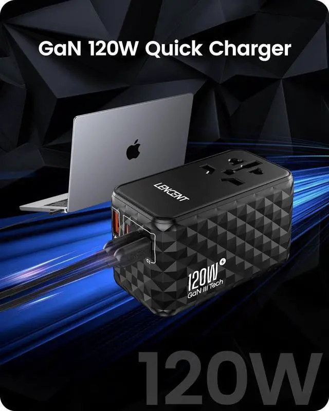 Alt view image 3 of 7 - LENCENT 120W Universal Travel Adapter, GaN International Travel Adapter with 3 USB-C 1 USB-A Ports, Worldwide Fast Charger for Cameras Phones, All in One Power Converter for USA EU UK AUS Black