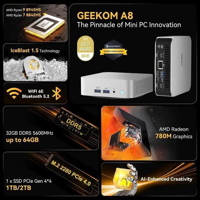 Alt view image 2 of 7 - A8 AI Mini PC,  Ryzen 9 8945HS (up to 5.2GHz) Mini Computers, 32GB DDR5 5600MHz RAM&2TB PCIe 4.0 SSD, Windows 11 Pro Mini Desktop,  Ryzen AI/Radeon 780M/WiFi 6E/BT5.2/USB4/8K/Quad Display