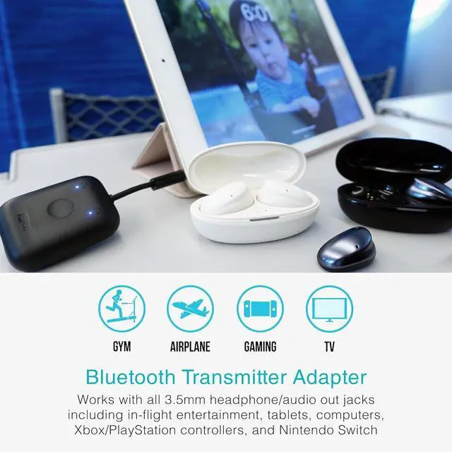 Alt view image 3 of 7 - Connect Air (2 PACK) in-Flight Bluetooth Wireless Audio Transmitter Adapter for up to 2 AirPods/Other Headphones; Works with All 3.5mm Aux Jacks on Airplanes, Gym, TVs, & Gaming, Black&White