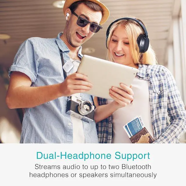 Alt view image 4 of 7 - Connect Air (2 PACK) in-Flight Bluetooth Wireless Audio Transmitter Adapter for up to 2 AirPods/Other Headphones; Works with All 3.5mm Aux Jacks on Airplanes, Gym, TVs, & Gaming, Black&White