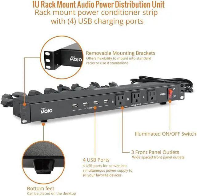 Alt view image 4 of 6 - 1U Rack Mount 19 Outlet PDU Power Distribution Unit Power Strip Circuit Breaker fits 19-inch AV/Network/Server Cabinet/Closet/Enclosure