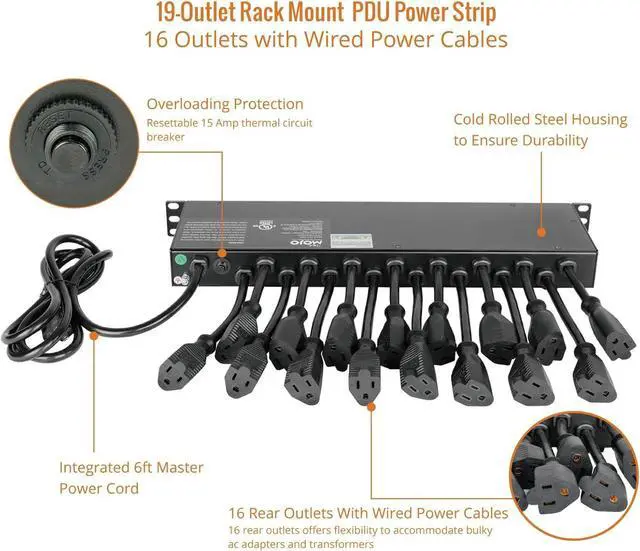 Alt view image 5 of 6 - 1U Rack Mount 19 Outlet PDU Power Distribution Unit Power Strip Circuit Breaker fits 19-inch AV/Network/Server Cabinet/Closet/Enclosure