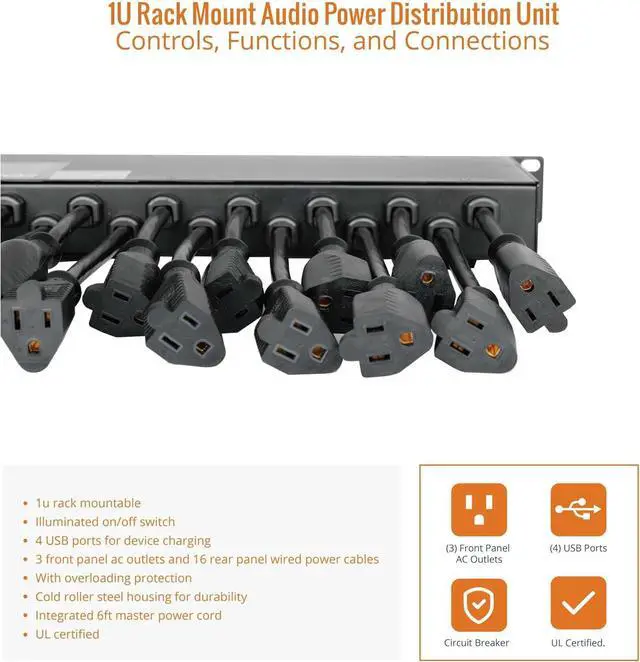 Alt view image 6 of 6 - 1U Rack Mount 19 Outlet PDU Power Distribution Unit Power Strip Circuit Breaker fits 19-inch AV/Network/Server Cabinet/Closet/Enclosure
